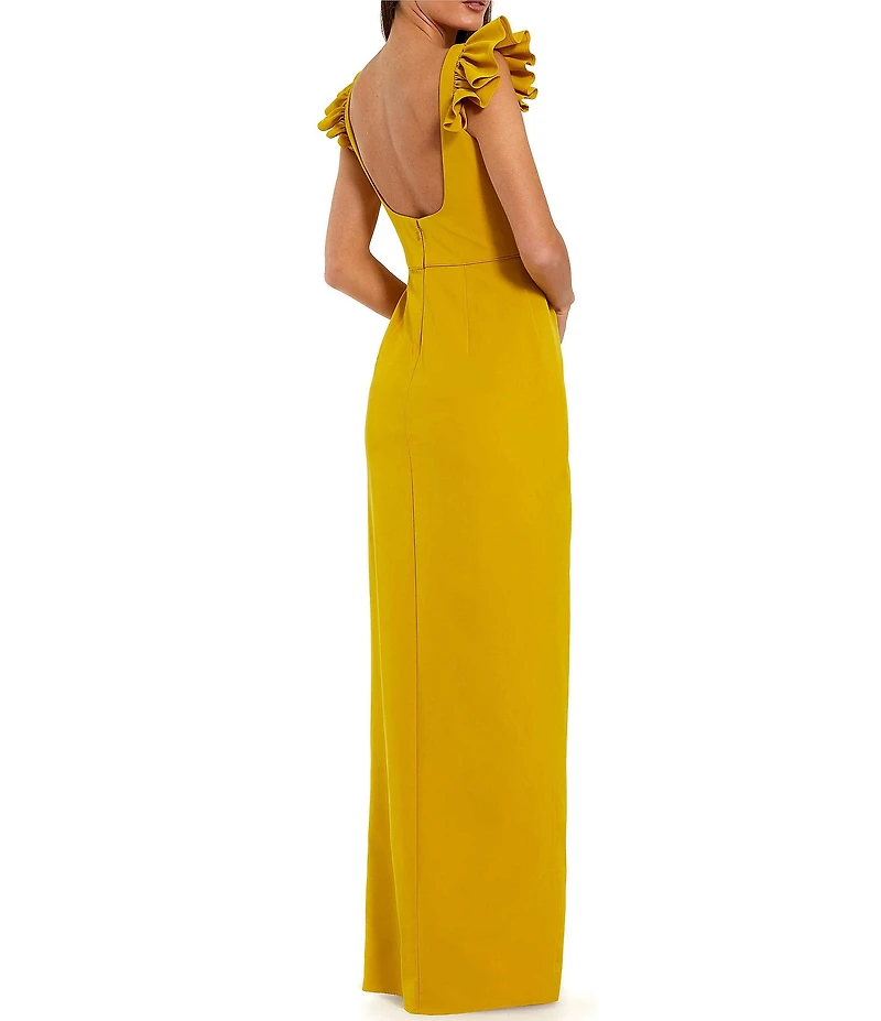 Mac Duggal Crepe Square Neck Ruffle Detail Column Gown