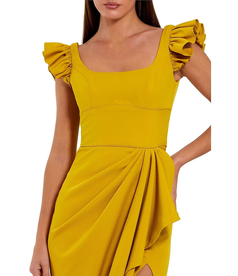 Mac Duggal Crepe Square Neck Ruffle Detail Column Gown