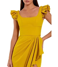 Mac Duggal Crepe Square Neck Ruffle Detail Column Gown