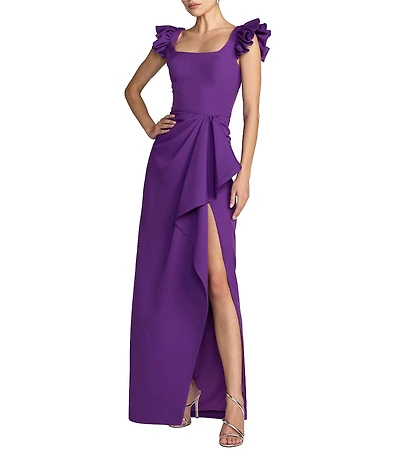 Mac Duggal Crepe Square Neck Ruffle Detail Column Gown