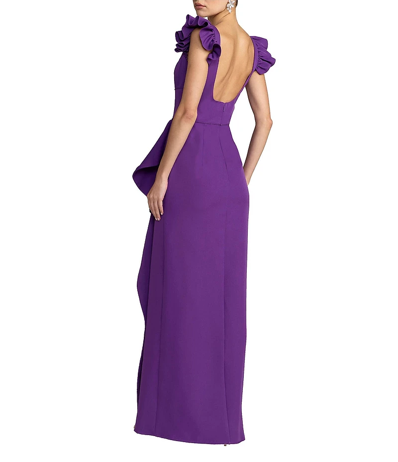 Mac Duggal Crepe Square Neck Ruffle Detail Column Gown