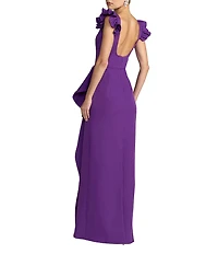 Mac Duggal Crepe Square Neck Ruffle Detail Column Gown