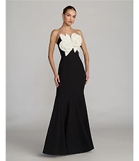 Mac Duggal Crepe Strapless 3D Flower Pattern Mermaid Gown