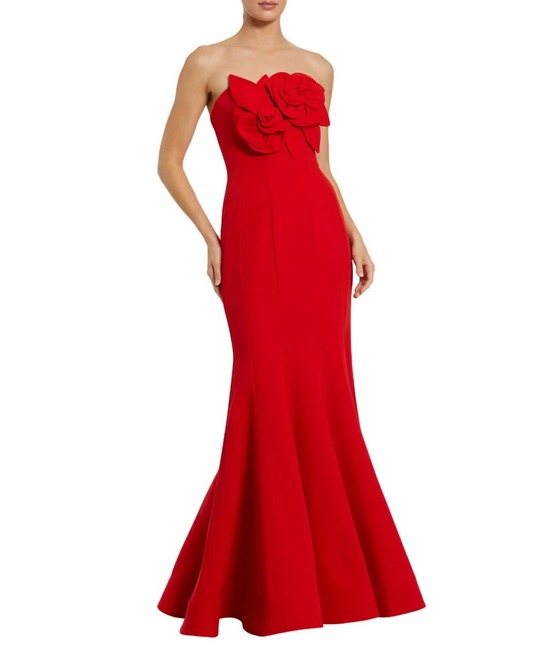 Mac Duggal Crepe Strapless 3D Flower Pattern Mermaid Gown