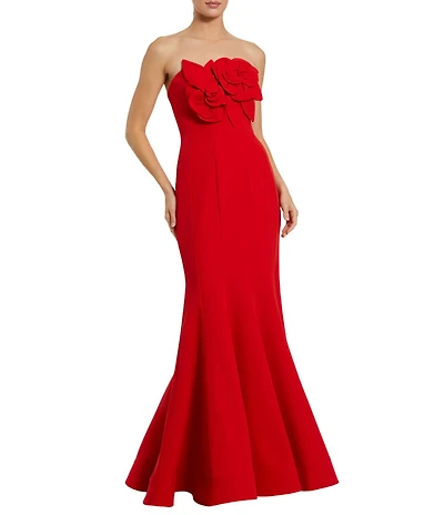 Mac Duggal Crepe Strapless 3D Flower Pattern Mermaid Gown