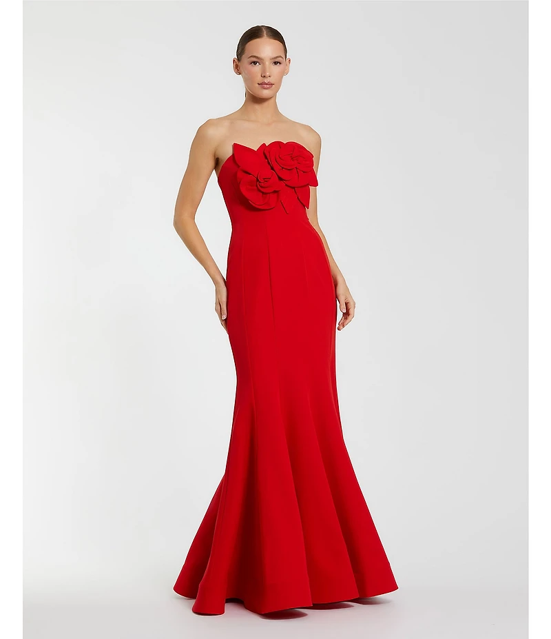 Mac Duggal Crepe Strapless 3D Flower Pattern Mermaid Gown