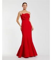 Mac Duggal Crepe Strapless 3D Flower Pattern Mermaid Gown