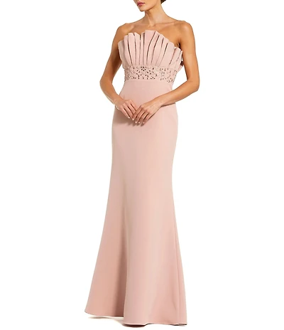 Mac Duggal Crepe Strapless Long Gown With Rhinestone Beading