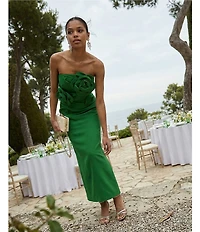 Mac Duggal Crepe Strapless Midi Dress With 3D Flower Detail