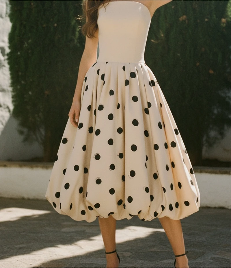 Mac Duggal Crepe Strapless Polka Dot Midi Dress