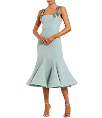 Mac Duggal Crepe Trumpet Midi Dress With Floral Neckline