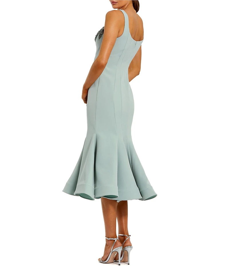 Mac Duggal Crepe Trumpet Midi Dress With Floral Neckline