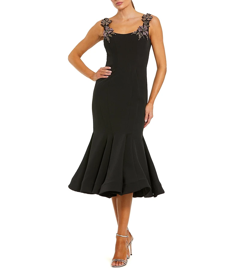 Mac Duggal Crepe Floral Square Neckline Sleeveless Trumpet Midi Dress