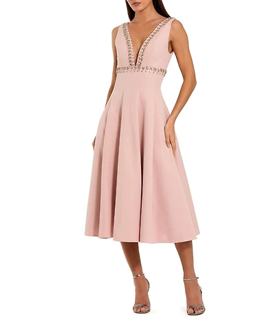 Mac Duggal Crepe V Neck A Line Midi Dress With Rhinestones