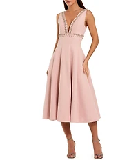 Mac Duggal Crepe V Neck A Line Midi Dress With Rhinestones