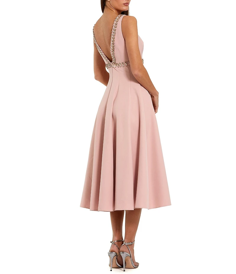 Mac Duggal Crepe V Neck A Line Midi Dress With Rhinestones