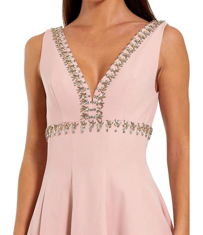 Mac Duggal Crepe V Neck A Line Midi Dress With Rhinestones