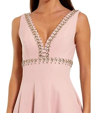 Mac Duggal Crepe V Neck A Line Midi Dress With Rhinestones