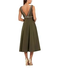 Mac Duggal Crepe V Neck A Line Midi Dress With Rhinestones