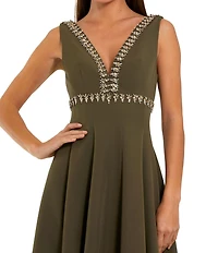 Mac Duggal Crepe V Neck A Line Midi Dress With Rhinestones