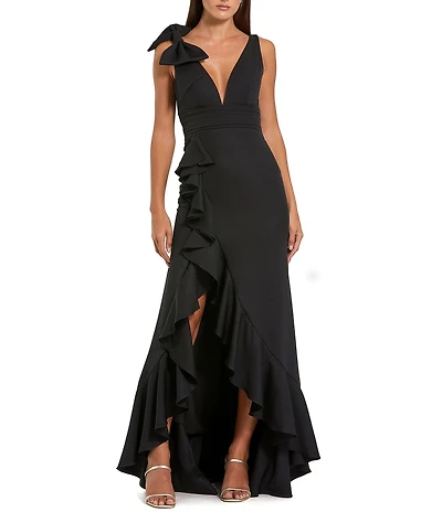 Mac Duggal Crepe V-Neck Sleeveless Bow Detail Sheath Gown