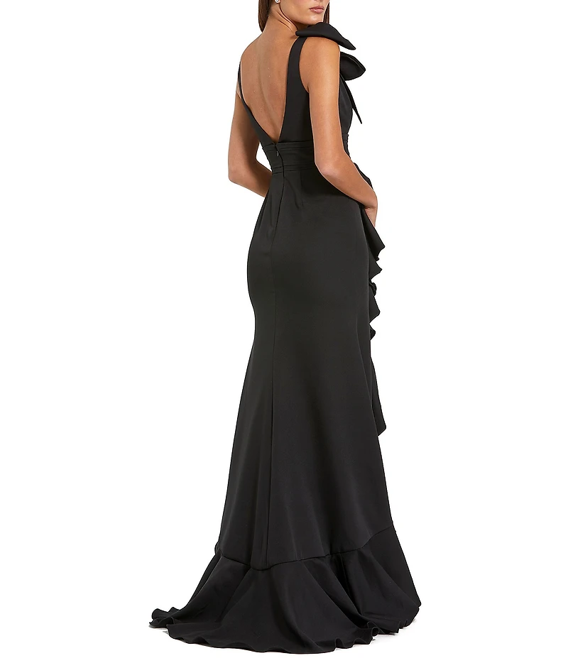 Mac Duggal Crepe V-Neck Sleeveless Bow Detail Sheath Gown