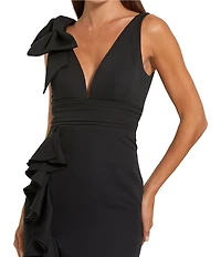 Mac Duggal Crepe V-Neck Sleeveless Bow Detail Sheath Gown