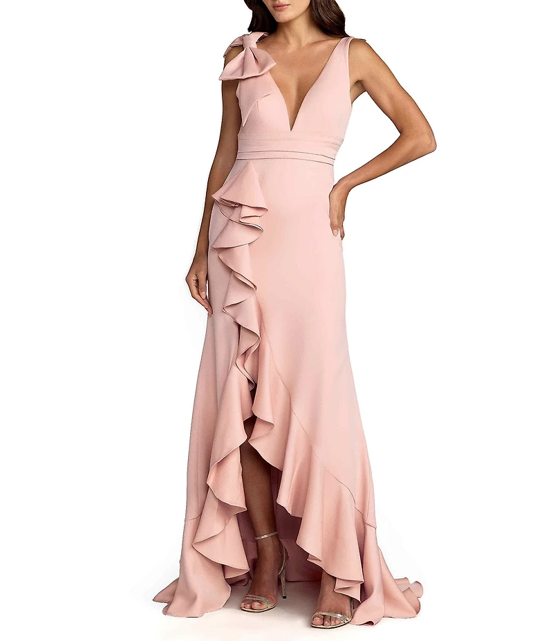 Mac Duggal Crepe V-Neck Sleeveless Bow Detail Sheath Gown