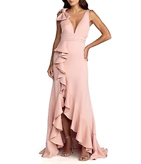 Mac Duggal Crepe V-Neck Sleeveless Bow Detail Sheath Gown