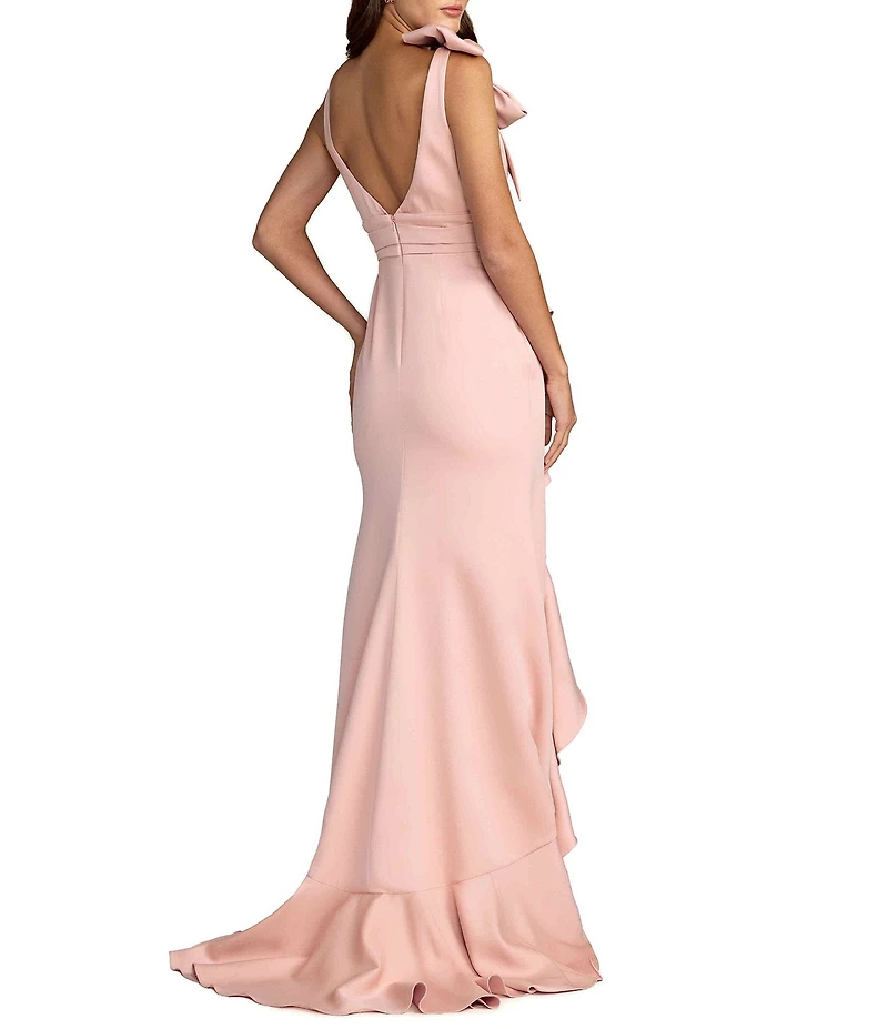 Mac Duggal Crepe V-Neck Sleeveless Bow Detail Sheath Gown