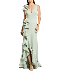 Mac Duggal Crepe V-Neck Sleeveless Bow Detail Sheath Gown