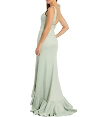 Mac Duggal Crepe V-Neck Sleeveless Bow Detail Sheath Gown