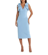 Mac Duggal Crepe V-Neck Sleeveless Bow Shoulder Midi Sheath Dress