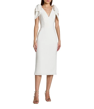 Mac Duggal Crepe V-Neck Sleeveless Bow Shoulder Midi Sheath Dress