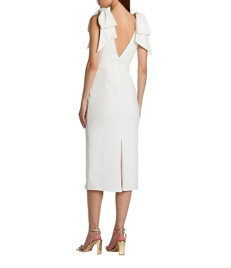 Mac Duggal Crepe V-Neck Sleeveless Bow Shoulder Midi Sheath Dress