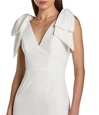 Mac Duggal Crepe V-Neck Sleeveless Bow Shoulder Midi Sheath Dress
