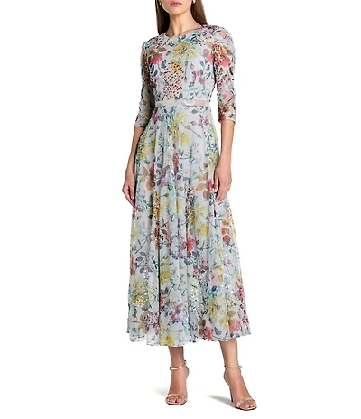 Mac Duggal Crew Neck 3/4 Sleeve Floral Print Dress