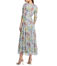 Mac Duggal Crew Neck 3/4 Sleeve Floral Print Dress