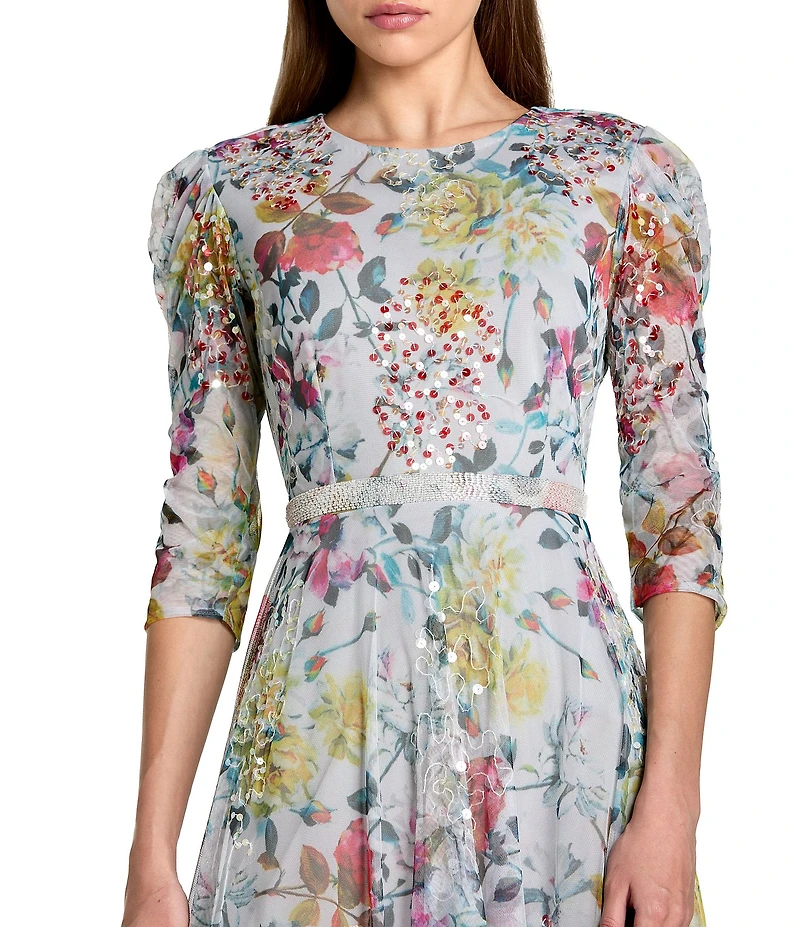 Mac Duggal Crew Neck 3/4 Sleeve Floral Print Dress