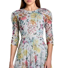 Mac Duggal Crew Neck 3/4 Sleeve Floral Print Dress