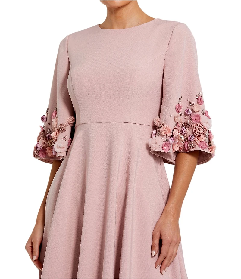 Mac Duggal Crew Neck 3D Floral Applique Elbow Sleeve A-Line Satin Gown