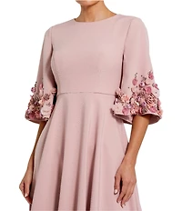 Mac Duggal Crew Neck 3D Floral Applique Elbow Sleeve A-Line Satin Gown
