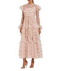 Mac Duggal Crew Neck Illusion Long Sleeve Dotted Mesh Micro Ruffle A-line Midi Dress