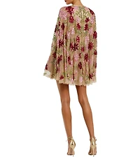 Mac Duggal Crew Neck Long Bell Sleeves Beaded Floral Mesh Shift Mini Dress