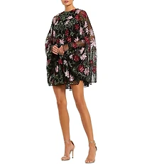 Mac Duggal Crew Neck Long Bell Sleeves Beaded Floral Mesh Shift Mini Dress