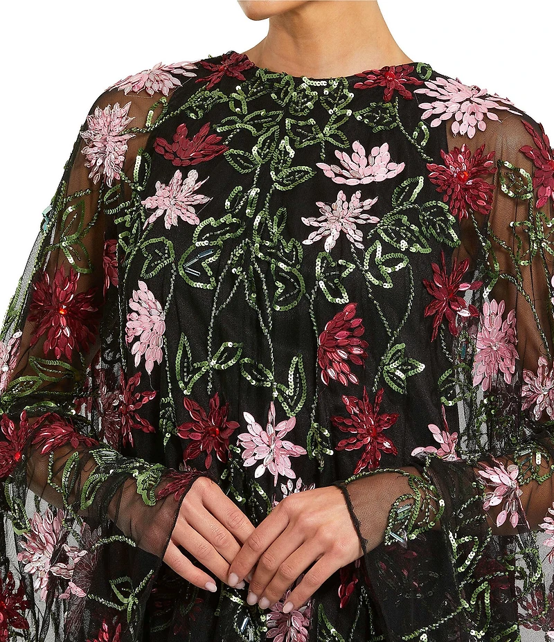 Mac Duggal Crew Neck Long Bell Sleeves Beaded Floral Mesh Shift Mini Dress