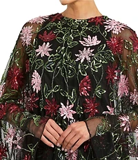 Mac Duggal Crew Neck Long Bell Sleeves Beaded Floral Mesh Shift Mini Dress