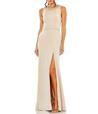 Mac Duggal Crew Neck Long Dress With Embellished Neckline