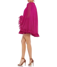 Mac Duggal Crew Neck Ruffle Hem Long Cape Sleeve Waistless Mini Dress