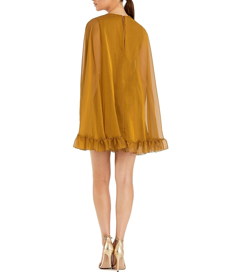 Mac Duggal Crew Neck Ruffle Hem Long Cape Sleeve Waistless Mini Dress